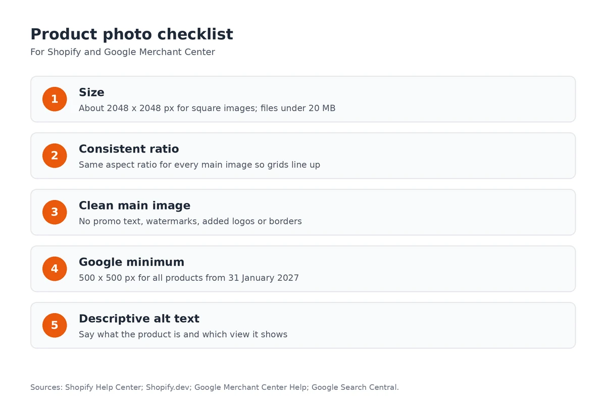Product photo checklist: about 2048 px square, consistent ratio, clean main image, 500 px Google minimum from 2027, descriptive alt text.